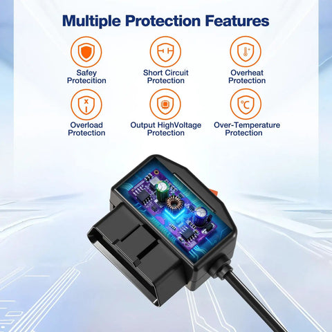 Ultimate OBD2 to USB C Adapter Hardwire Kit for Dash Cameras with multiple protection features displayed in the image.