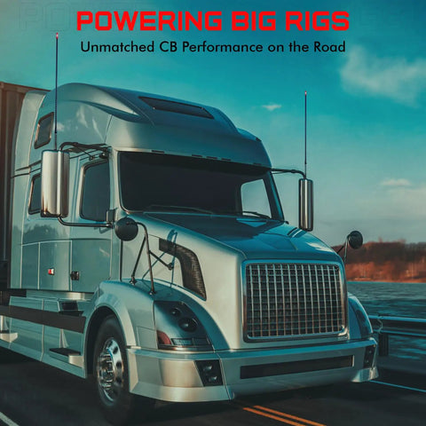 Truck equipped with 3 Foot Fiberglass CB Radio Antenna In Black, Pre Tuned For 26 To 29.5 MHz, VibraSorb Anti Breakage Design Keeps It Standing Strong
