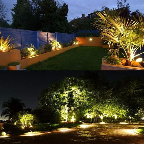 Heavy Duty 18W LED Landscape Light Set, 120V AC Warm White Waterproof Spotlight illuminating garden and driveway