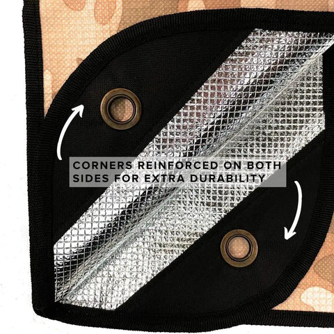 Corner detail of All Weather Survival Blanket With Reflective Heat, Camp Ready Emergency Tarp, desert camo, reinforced grommets.
