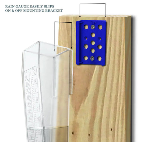 Rugged Outdoor Rain Gauge With 6 Inch Capacity For Yard Or Fence Post Mount Built Tough Weatherproof Construction Easy Install Dual Scale Inches And Millimeters For Quick Accurate Rain Readings on blue mounting bracket