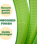 Close-up of Heavy Duty Pallet Strapping Roll For Packaging And Banding In Green Polyester PET with embossed finish text overlay