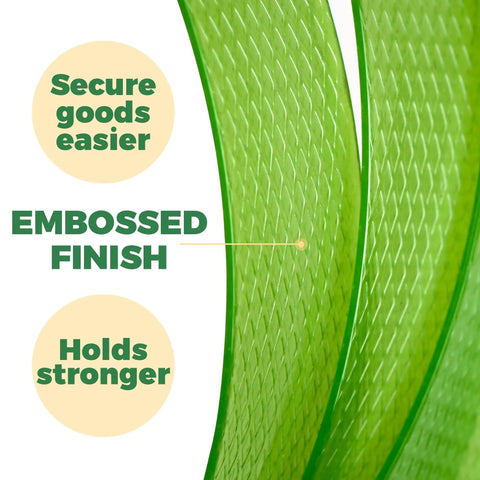 Close-up of Heavy Duty Pallet Strapping Roll For Packaging And Banding In Green Polyester PET with embossed finish text overlay