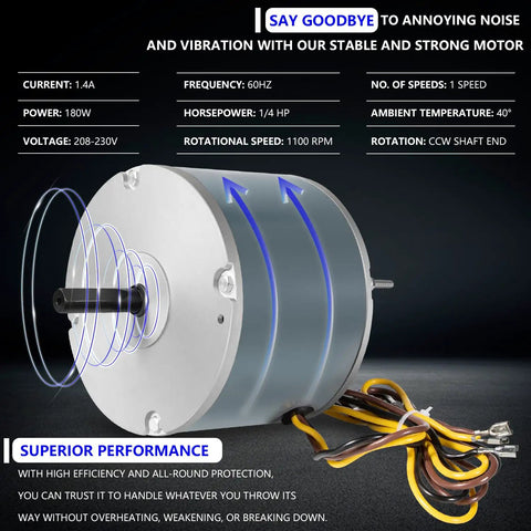 Quarter HP Condenser Fan Motor Replacement For 48 Frame Condenser Units 208 230V 1100 RPM Quiet High Efficiency