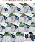 How electric stair climber dolly works with blue wheels on stairs, showcasing heavy-duty design and moving action.