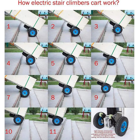 How electric stair climber dolly works with blue wheels on stairs, showcasing heavy-duty design and moving action.