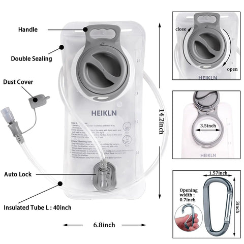 2L Hydration Bladder For Hiking And Backpacking, Dope Leakproof Water Reservoir, BPA Free, SGS Certified, with measurements and features