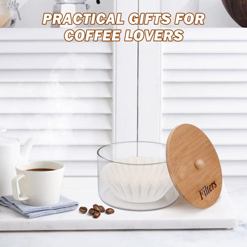 Rustic Glass Coffee Filter Holder With Lid on white counter, showing bamboo lid open next to coffee and beans, showcasing Easy Access Storage Dispenser For Counter, Go To Coffee Filter Organizer Basket, Durable Glass Container For Coffee Bar Decor And Daily Brewing Needs.