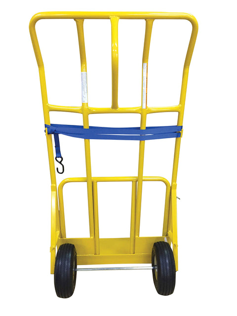Rear view of yellow Heavy Duty Extra Wide Hand Truck With Pneumatic Wheels 600 Lb Capacity Ergonomic Extended Handle