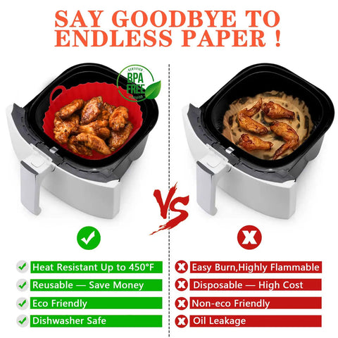 2 Pack Silicone Air Fryer Liners Set 7.28 Inch And 8.27 Inch Reusable Basket Liners in use versus paper liner