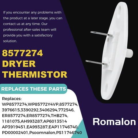 Romalon 8577274 dryer thermistor replacement part with compatibility list and contact information background