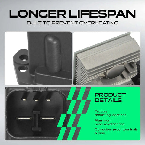 Close-up of the Slick Plug And Play AC Heater Blower Motor Resistor for Ford Explorer Ranger showing heat-resistant fins and 5-pin terminal.