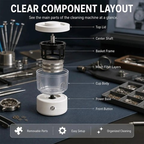 Premium Watch Cleaning Machine And Parts Dryer With 360 Degree Ultrasonic Tech showing main components of the cleaner layout.