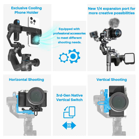 Scorp Mini 3 Pro Camera Gimbal With AI Tracker And Detachable Remote Handle All In One Stabilizer shown with phones and cameras