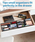 Compact Black Desk Drawer Organizer Tray With Four Compartments For Office And Home Use Non Slip Drawer Organizer shown in a desk drawer