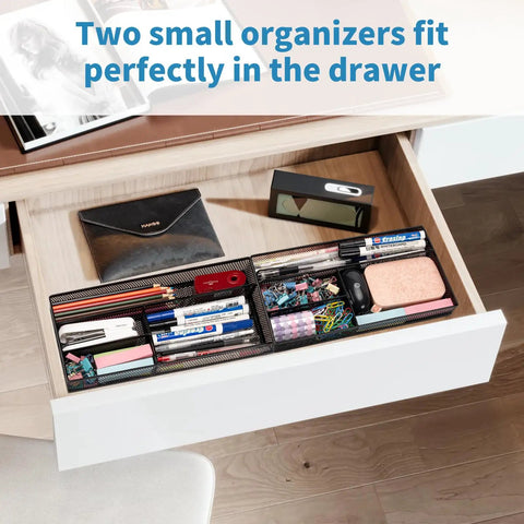 Compact Black Desk Drawer Organizer Tray With Four Compartments For Office And Home Use Non Slip Drawer Organizer shown in a desk drawer