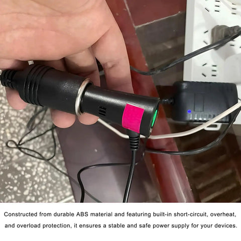 AC To DC Converter close-up showing durable ABS construction, car lighter plug, suitable for 12V gadgets at home.