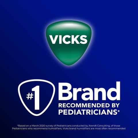 Vicks logo with '#1 Brand Recommended by Pediatricians' text, related to Personal Steam Inhaler For Targeted Allergy And Cold Congestion Relief Quick 5 To 15 Minute Non Medicated Warm Steam Treatment Soothes Dryness And Sinus Irritation Includes VapoPads For Easy Relief.