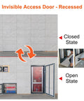 Beefy Metal Access Panel Featuring A Slick Pop Open Mechanism For Tile Walls And Ceilings, showcasing open and closed states.