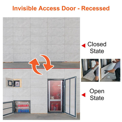 Beefy Metal Access Panel Featuring A Slick Pop Open Mechanism For Tile Walls And Ceilings, showcasing open and closed states.