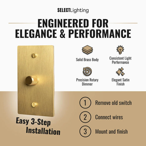 One Gang Solid Brass Rotary Dimmer Switch With Three Way And Single Pole Compatibility Satin Brass Finish Smooth Dimming For Modern And Classic Rooms Includes Knob Faceplate And Module. Installed brass rotary dimmer with faceplate and knob