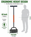 Manual Lawn Aerator With 17 Spikes, ergonomic 40-inch T handle, size comparison next to human silhouette, heavy duty design