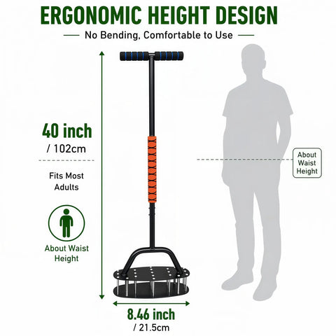 Manual Lawn Aerator With 17 Spikes, ergonomic 40-inch T handle, size comparison next to human silhouette, heavy duty design
