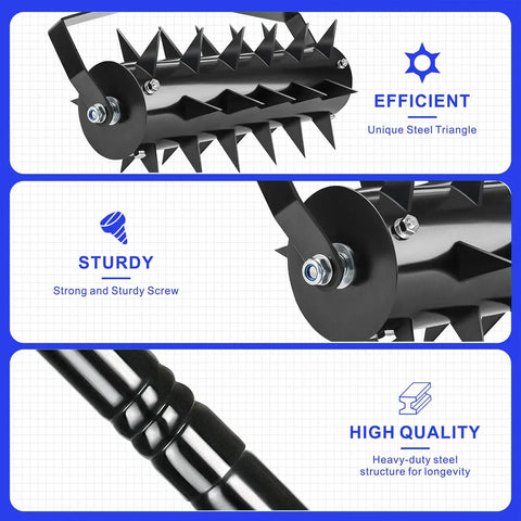 Seventeen Inch Rolling Lawn Aerator With Two Inch Steel Spikes Heavy Duty Manual Soil Aerator Tool With Adjustable Handle