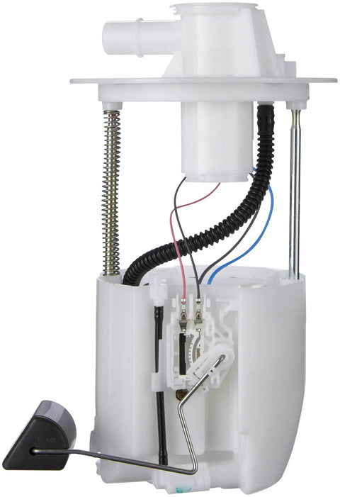 SP9167M Fuel Pump Assembly Drop In Replacement with improved connectors, showing wiring, strainer, and molded housing.