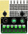 12 Volt Green LED 6 Gang Rocker Switch Panel With USB Charger And Cigarette Lighter Socket Voltmeter Waterproof Marine Boat RV UTV ATV Great For Cars Trucks And More, includes sticker set.