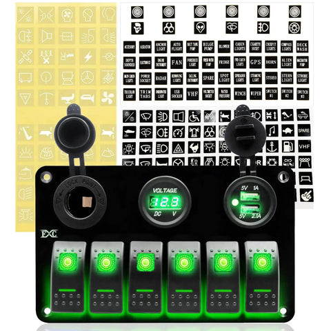 12 Volt Green LED 6 Gang Rocker Switch Panel With USB Charger And Cigarette Lighter Socket Voltmeter Waterproof Marine Boat RV UTV ATV Great For Cars Trucks And More, includes sticker set.