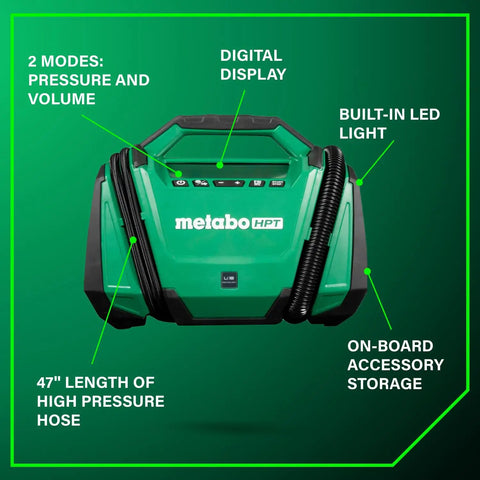 Go-To 18V MultiVolt Cordless Dual Function Inflator with pressure and volume modes, built-in LED light, digital display.