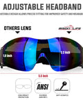 Mirage Vented Safety Goggles With Adjustable Elastic Band And Protective Pouch For Outdoor Activities UV Protection Blue Mirror Lenses Dustproof Design For Men And Women showcasing lens dimensions and ANSI certification icons.