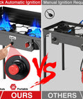 Two Burner Camping Stove With Windscreen And Side Shelves Bag Auto Ignition Regulator 150000 BTU High Pressure Propane Burner comparison