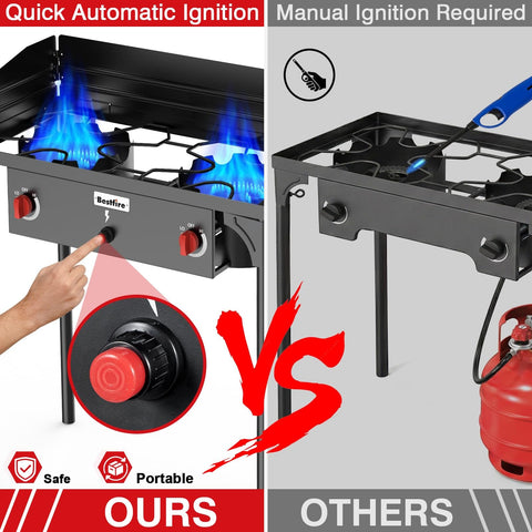 Two Burner Camping Stove With Windscreen And Side Shelves Bag Auto Ignition Regulator 150000 BTU High Pressure Propane Burner comparison