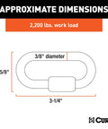 Diagram of Threaded Quick Link Trailer Safety Chain Hook Carabiner Clip with 3/8 inch diameter and size dimensions.
