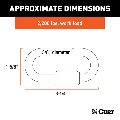 Diagram of Threaded Quick Link Trailer Safety Chain Hook Carabiner Clip with 3/8 inch diameter and size dimensions.