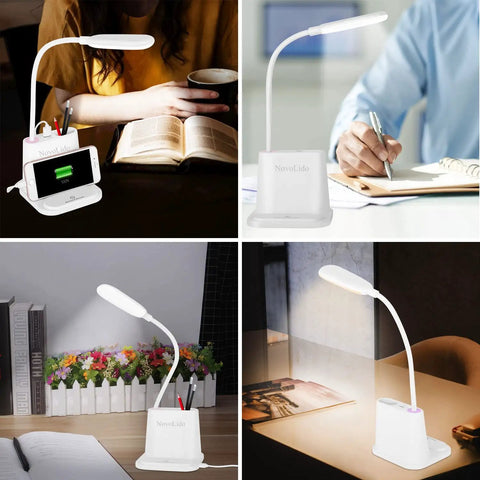 Must Have LED Desk Lamp With USB Charging Port, Pen Holder And Phone Holder, Rechargeable Flexible Desk Light In Use