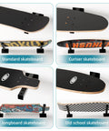Skateboard Wall Mount Shelves 4 Pack Black Floating Brackets For Deck And Longboard Display Dope Wall Decor To Show Off Your Boards And Small Stuff In Style with four different skateboard types displayed: standard, cruiser, longboard, and old school.
