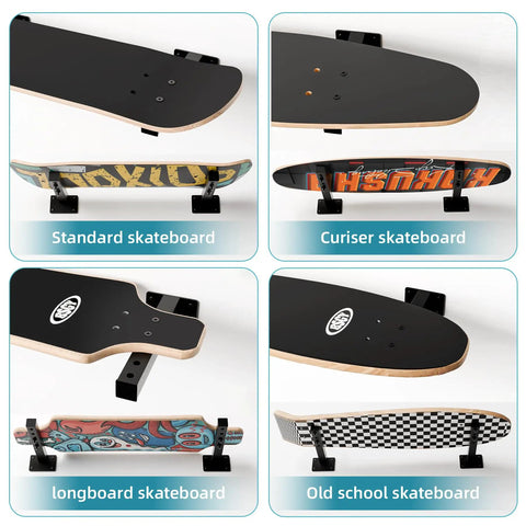 Skateboard Wall Mount Shelves 4 Pack Black Floating Brackets For Deck And Longboard Display Dope Wall Decor To Show Off Your Boards And Small Stuff In Style with four different skateboard types displayed: standard, cruiser, longboard, and old school.