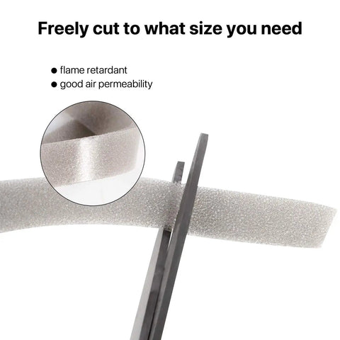 Kick Out Drafts With Premium Heavy Duty Foam Weather Stripping Tape Adhesive Door And Window Seal Half Inch Thick PU Compression Sponge Roll being cut with scissors.
