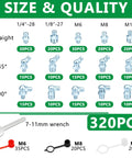 320-piece grease fittings: SAE/metric Zerk straight 45/90; 1/4-28, 1/8-27, M6, M8, M10; plastic caps with 7-11mm wrench