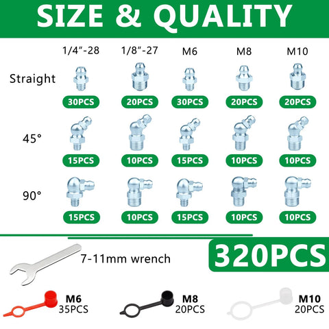 320-piece grease fittings: SAE/metric Zerk straight 45/90; 1/4-28, 1/8-27, M6, M8, M10; plastic caps with 7-11mm wrench