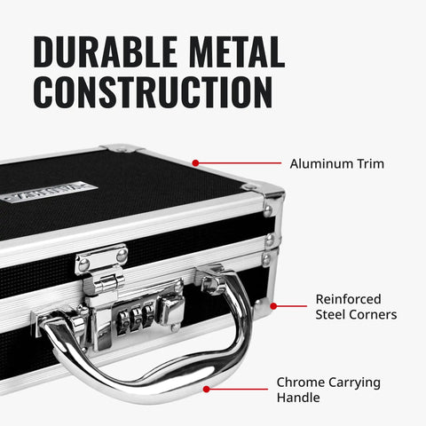 Locking Medicine Case With Combination Lock For Home, Travel And Shared Spaces, Portable Lock Box with metal construction, handle, and lock detail.