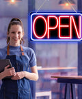 16.5 X 9 Inch Led Neon Open Sign For Business Ultra Bright Plug In Light Up Open Sign With Easy On Off Switch And 12V 2A AC Adapter For Storefront Window Bar Salon Coffee Shops Blue Red Backplate