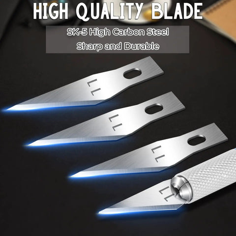Close-up of SK5 high-carbon 100 Pack Exacto Knife Blades Number 11 Replacement Blades With Storage Box for precise cutting.