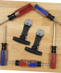 Beefy Stainless Steel Engine Hood Latch Kit With Rubber T Handle Easy Install shown with red and blue screwdrivers on wood surface