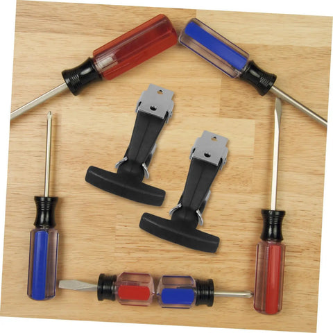 Beefy Stainless Steel Engine Hood Latch Kit With Rubber T Handle Easy Install shown with red and blue screwdrivers on wood surface