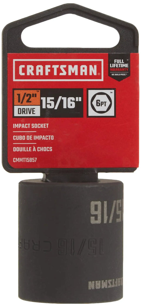 Shallow Impact Socket Half Inch Drive SAE Fifteen Sixteenth Inch Six Point Tough Build With Black Oxide Finish displayed on packaging.