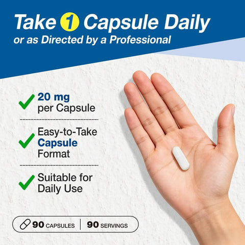 Hand holding a capsule with text about Lithium Orotate 20 Mg Supplement For Brain Health And Nerve Support Every Day Boost Low Dose Bioavailable Trace Mineral For Healthy Aging Vegan Non GMO Gluten Free 90 Count.